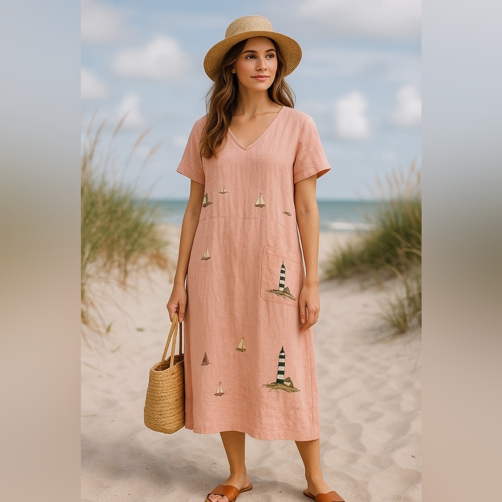 Vintage Donna Linen Maxi Peach Dress with lighthouses and sailor boats Sz Small - Picture 10 of 10
